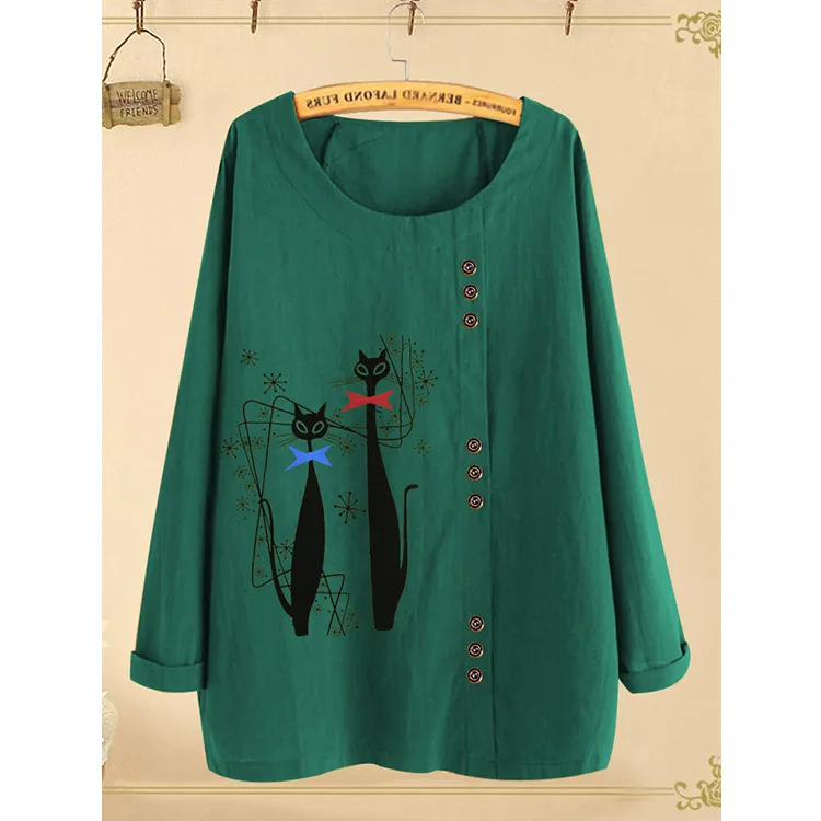 Harajuku футболка ropa mujer с длинным рукавом Осень мультфильм кошки заготовки пуговиц Хлопок Лен Повседневная футболка женская одежда Большие размеры - Цвет: Зеленый