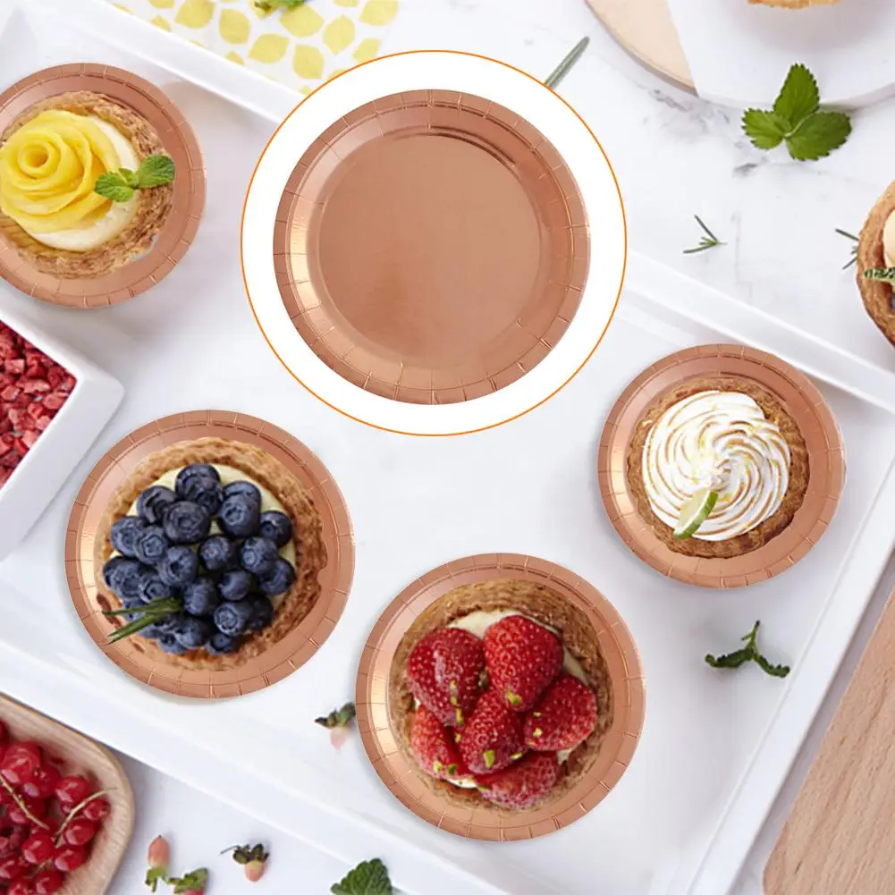 

Gliding Plain Rose Gold Paper Tray 7 Inch 9 Inch Disc Saucer Paper Cup Cake Wrapper European American Party Cutlery Set