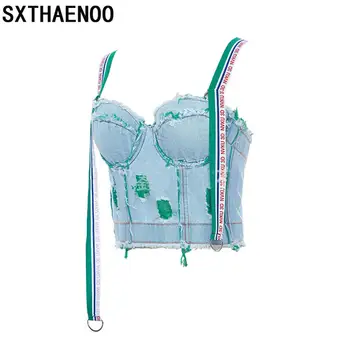 

SXTHAENOO Women Sexy denim Tank Tops Camis Crop Top Newest Bustier Vest Ladies Skinny Jeans Halter Club Tops Girl