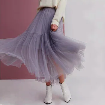 

Fall Winter Gray Long Mesh Tiered Skirt Office Lady Vintage Layered Ruffle Beach Travel High Street Elastic Waist Ruffle Skirts