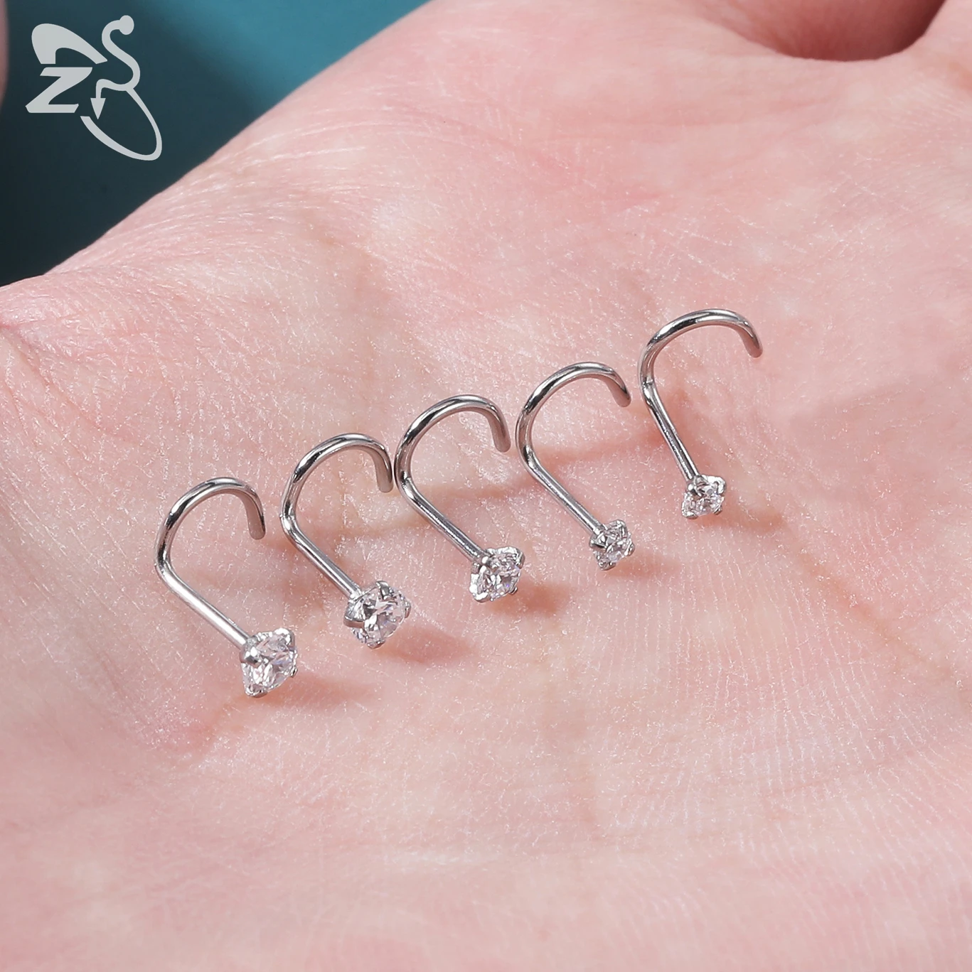 Round CZ Crystal Nose Stud Set 20g Stainless Steel Nose Retainers Pin L Shape Nostril Piercing Jewelry 1.5-4mm ZS 4-12pcs/lot