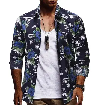 

Men Hawaiian Shirt Long Sleeve Floral Print Mens Dress Formal Shirts Camisa Social Masculina Men Casual Slim Fit Tops Shirt 2XL