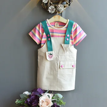 

2020 Girl New Summer Suit Kids Children Sweet Clothing Set Including Stripe Top+suspender dress 2pcs Per Set