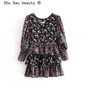 

Chu Sau beauty New Fashion Boho Vintage Floral Print O-neck Midi Dress Women Holiday Chic Ruffles Laminated Mini Dresses Female