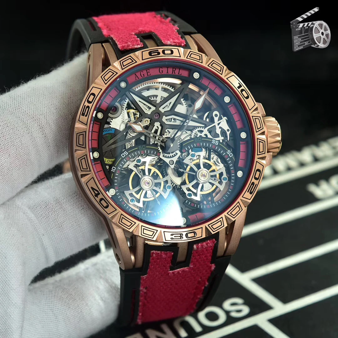 

Luxury Brand New Rose Gold Red Canvas Rubber Men Stainless Steel Watch Sapphire Automatic Mechanical Tourbillion Skeleton 47mm