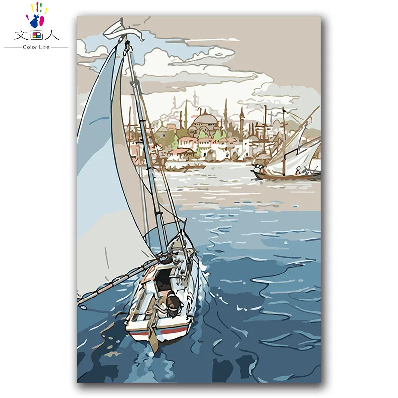 

Sailboat seascape painting picture by numbers with colors and brush diy drawing on canvas coloring painting modern wall decor