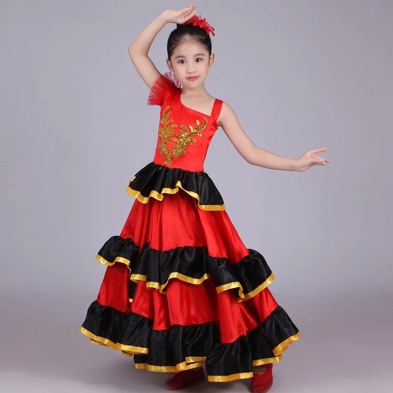 Обувь для девочек фламенко испанский бой быков танцевальное платье цыганское представление одежда сценическая одежда дети красный атлас костюм M199