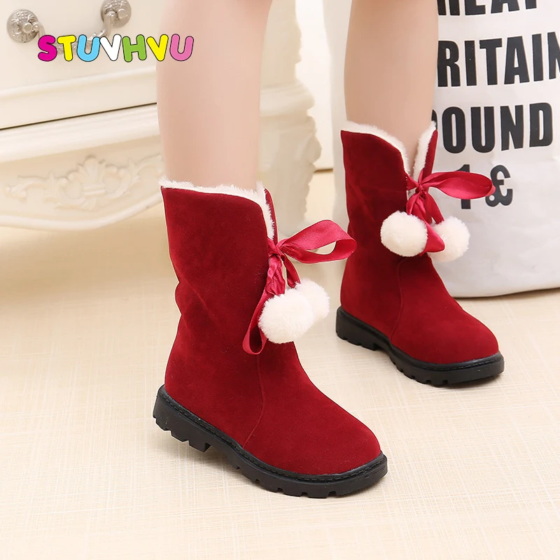 

Winter Children Snow Boots Girls Princess Boots Fashion Lace Hairball Plus Velvet Warm Kids Snow Shoes Suede Girls Ankle Boots