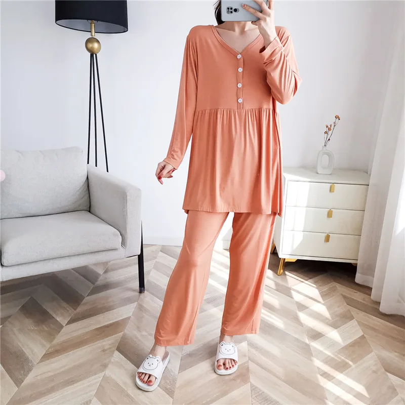 Fdfklak 2024 Maternity Clothes Suit V-Neck Maternity Pajama Long Sleeve Nursing Sleepwear Spring Autumn Breastfeeding Set