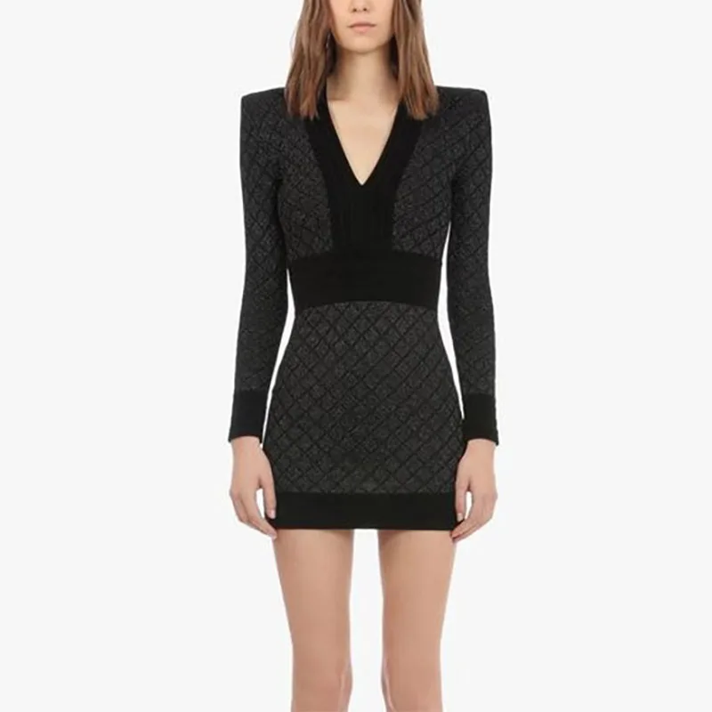 

Autumn Winter Sexy Deep V-neck Long Sleeve Knitted Sweater Dress High Quality Runway Designer Metal Buttons Dress Green/Black