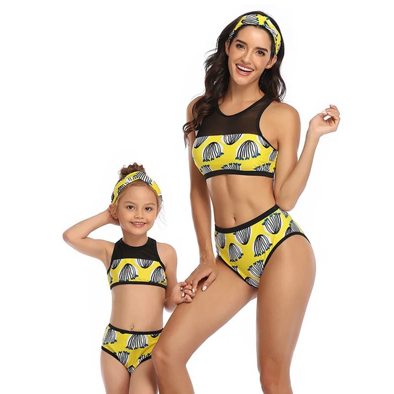 

bunvel Mother Daughter Two-Piece Swimwear Bathing Suit Patchwork Neon Color Beach Wear Swimming Suit Family Look Matching Outfit