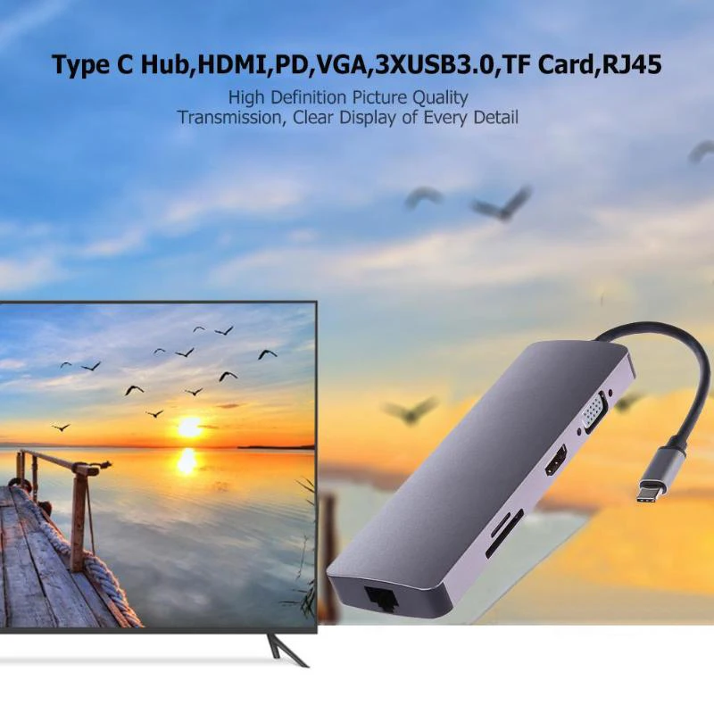 Type C концентратор 9 в 1 Usb-C к 4K Hdmi Pd Vga 3Xusb3. 0 Tf карта Rj45 Lan адаптер конвертер провода кабель