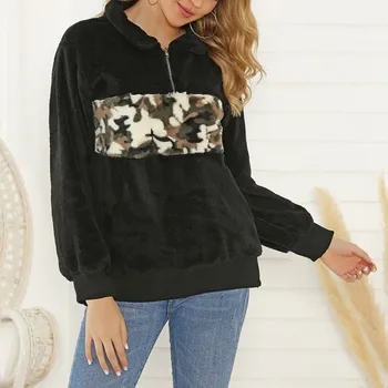 

Women Hooded Sweatshirt Multicolor Patchwork Long Sleeve Autumn Fashion Camouflage Sexy Zipper Plush Pullover