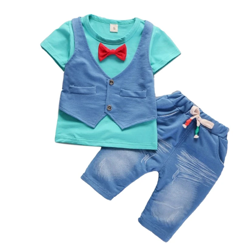 Новая одежда для маленьких мальчиков летняя детская одежда жилет с галстуком-бабочкой+ джинсовые шорты Комплект из двух предметов