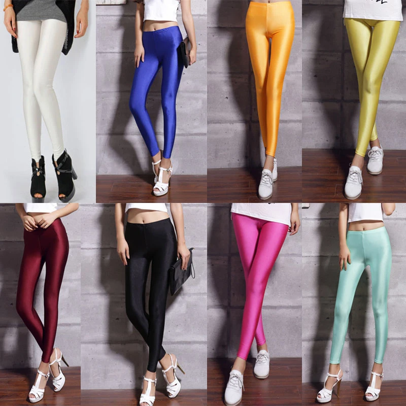

Women Pant Leggings Solid Color Shiny Fluorescent Elastic Girls Trousers 2021 New Fashion Large Size Ladies Leggings