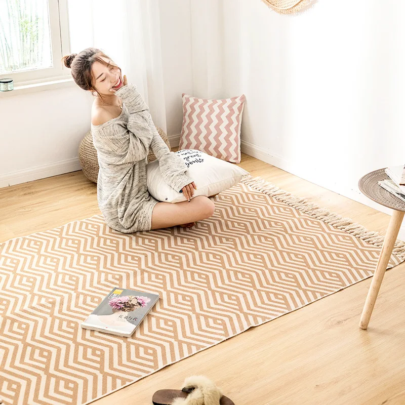 Black White Cotton Linen Carpet Bohemian Rug With Tassel Living Room Woven Retro Floor Mat Bedroom Bedside Mat Machine Washable