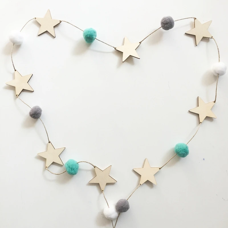 Star Hair Ball String INS Nordic Style Wooden Wool Felt Balls Stars Hanging Ornament Strings Baby Shower Wedding Home Decoration | Дом и сад