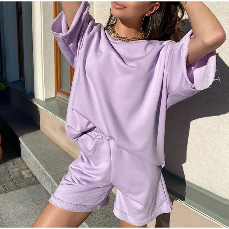 2021 Summer Fashion Sports Set Two-Piece Women's Solid Color Half Sleeve Round Neck Top Tee Loose Elastic Waist Shorts Flanging