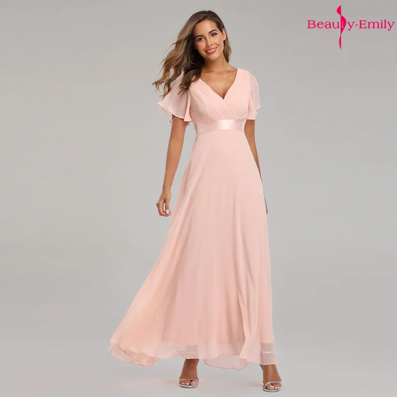 Beauty-Emily, Простые Вечерние платья, элегантное шифоновое вечернее платье с v-образным вырезом и оборками, вечернее платье, платье для вечеринки, Robe De Soiree - Color: Pink
