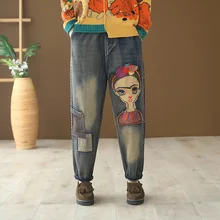 Рваные Джинсы бойфренда с вышивкой для женщин, большие размеры, высокая талия, свободные, художественные джинсовые штаны-шаровары, женские Мультяшные лоскутные брюки, джинсы