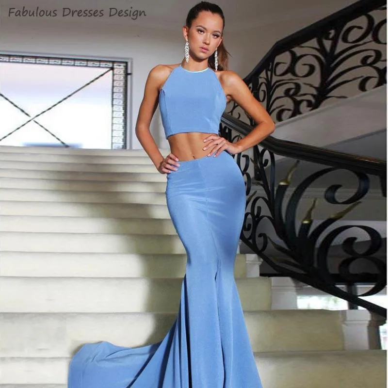 

Blue Two Pices Mermaid Prom Dresses Long 2020 Sexy Backless Halter Vestido De Festa Sweep Train Evening Dress Party For Women