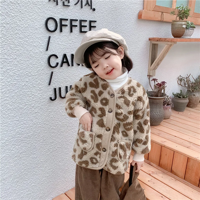

Korean Series Girls Lambs Wool Thick Warm Coat 2020 Autumn And Winter Children Baby Furry plus Velvet Leopord Pattern Overcoat F