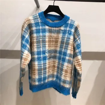 

Women Sweater 2019 Autumn Winter New Mohair Blue Plaid Puzzle Round Neck Long Sleeve Wool Women's Sweater