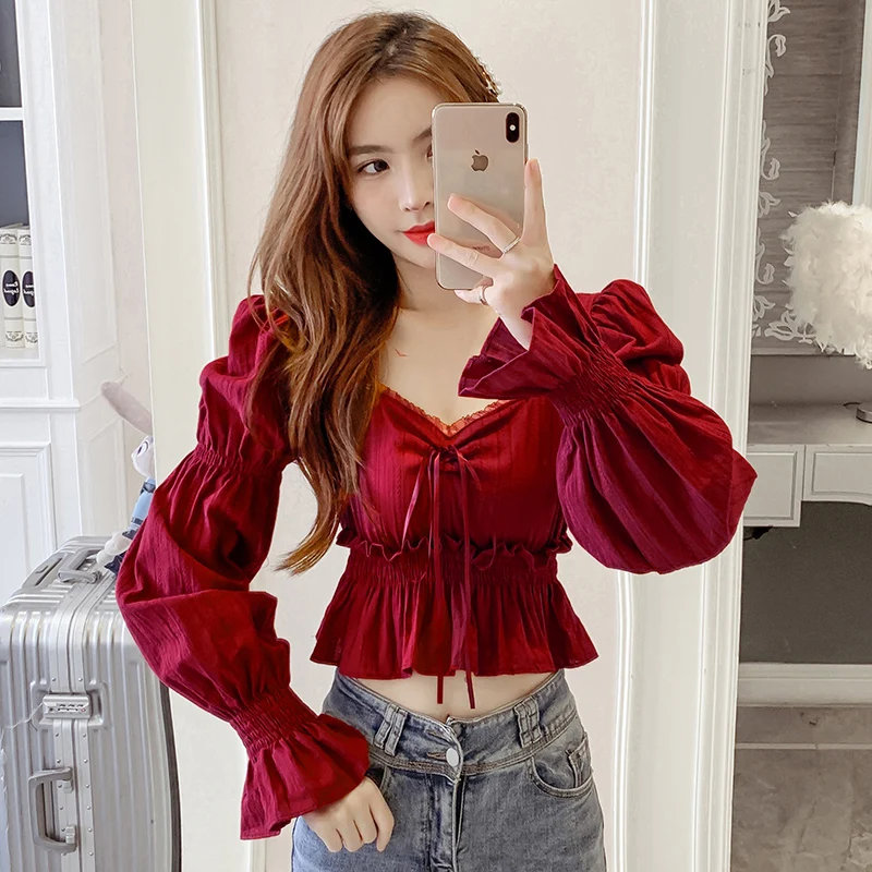 Women High Waist Tops Retro Long Puff Sleeve Lace Trim Cropped Shirts Square Collar Short French Palace Lolita Princess Blouses