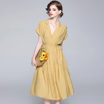 

Dress Summer Women 2019 New Notched Collar Short Sleeved Single Breasted Solid Color Slim A-Line Belted Midi Dress Elegant S-XL