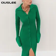 

OUSLEE Women Knitted Dress Bodycon Single Breasted Lanter Sleeve Elegant Female Turn Down Collar Mid Split Slim Lady Dresses