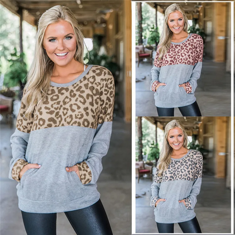 

Women Hoodies Long Sleeve Front Pockets Patchwork Leopard Sweatshirts Autumn Winter Fashion Ladies O Neck Casual Pullovers Tops