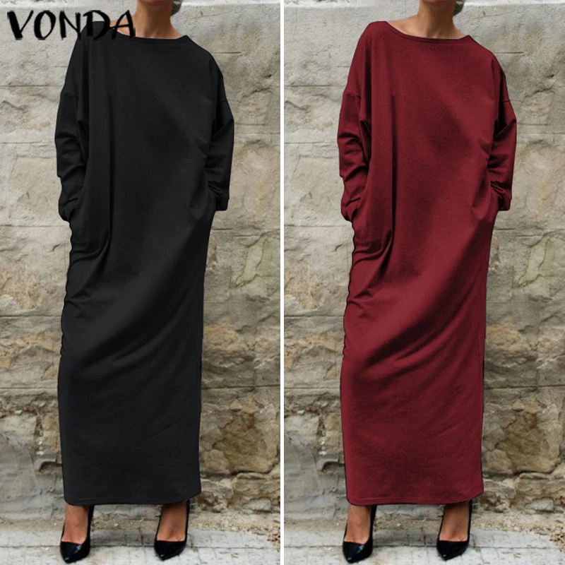 VONDA, женское осеннее длинное платье, модное, круглый вырез, длинный рукав, платье-рубашка, 5XL, Vestidos размера плюс, Robe Femme, женские туники