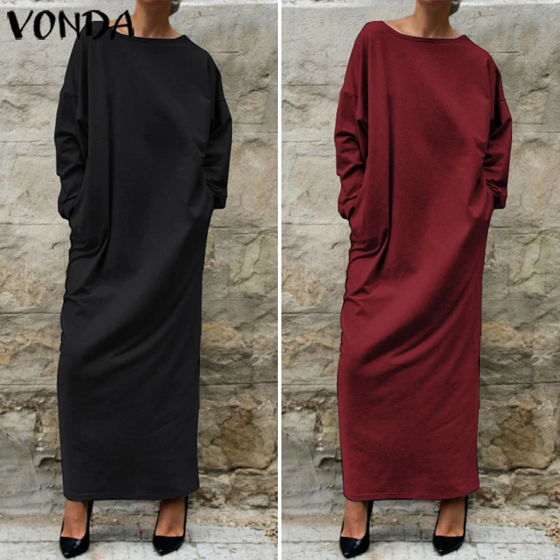 Ceny VONDA kobiety jesień długa sukienka moda wokół szyi z długim rękawem koszula sukienka 5XL Vestidos szlafrok plus size Femme tuniki damskie