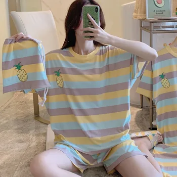 

2020 Hot Selling Pajamas WOMEN'S Short-sleeved Clothes Loose-Fit over-the-Knee Long Skirts Cute Cartoon Stripes Pineapple Pajama