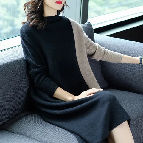 

2019 Spring And Autumn New Style Long Sleeve Faux Jersey Dress Large Size Dress Loose-Fit Base Skirt Real Object Not Sweater