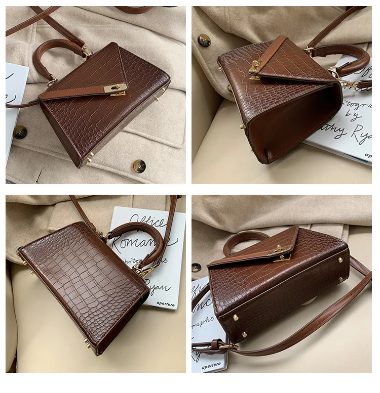 Women Small Top Handle Bag Luxury Brand Trapezoid Shaped Handbag for Women Girls Crocodile Print PU Leather Cross body Bag Beige (16)