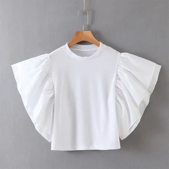 

2020 Spring Women's New Round Neck Short Sleeve Poplin Splicing Shirt Laminated Ruffled Solid Color Shirt