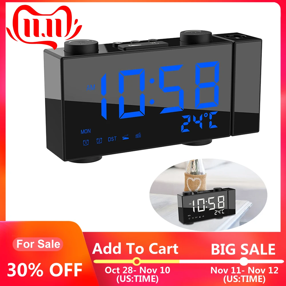 

Digital FM Projection Radio Alarm Clock 3 Time Displays Dual Alarm Clock with Snooze Thermometer Clock USB/Batterys Powers