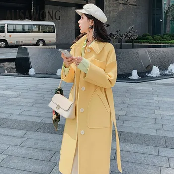 

2019 Autumn Winter New Korean Fashion Wool Coat Women Single Breasted Solid Bandage Medium Long Slim Yellow Wool Outerwear