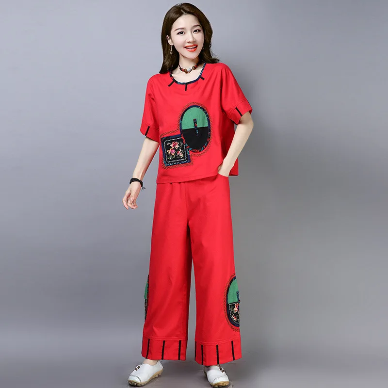 

Bat Sleeve Cotton Linen Loose-Fit Embroider Jacket + Cotton Linen Embroidery Loose Pants Set