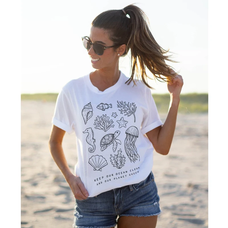 

Unisex Keep Our Ocean Clean And Our Planet Green T-shirt Fashion Women Graphic Vegan Tee Top Summer O-Neck Grunge Slogan T Shirt