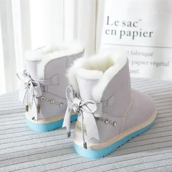 

High Quality Women Cow Genuine leather Snow boot Winter Warm Wool Boots shoes Lady Riband Crystal ankle bootS Pink Purple Shoes
