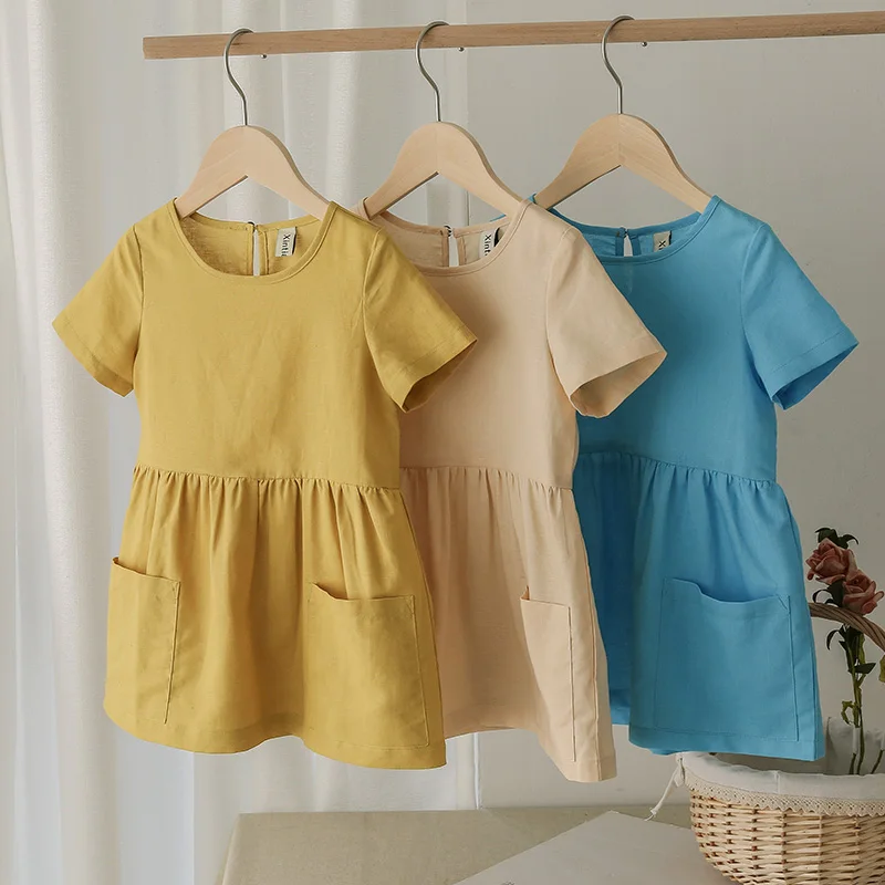 Cotton Linen Summer Girl Dress Casual Short Sleeve Kids Holiday Dress With Pockets girls dress kids clothes