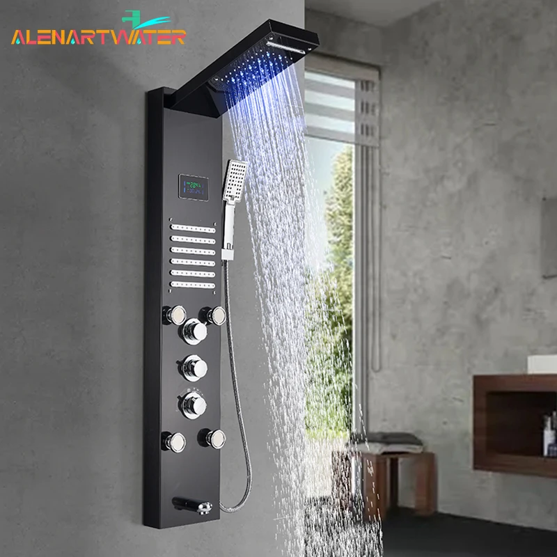 Digital Display Rainfall LED Light Shower Panel Shower Bathroom Black SPA Massage Jet With Handshower Bidet Sprayer Shower Tap