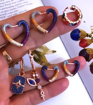 

New rose gold full bling cz heart hoop earring micro pave colorful rainbow cz stacking stack earrings fashion women jewelry