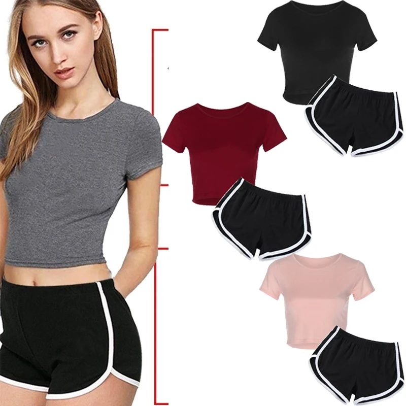 Summer Two Piece Set Summer Harajuku Cotton Crop Top T Shirt and Shorts For Women