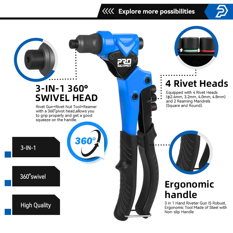 3 in 1 Swivel Head 360&deg; Rivet Nut Guns Hand Riveter of Threaded Tool Sleeve Nuts for Auto M3/4/5/6 Reaming Multi by PROSTORM rivet gun,rivet nut tool,rivet gun set