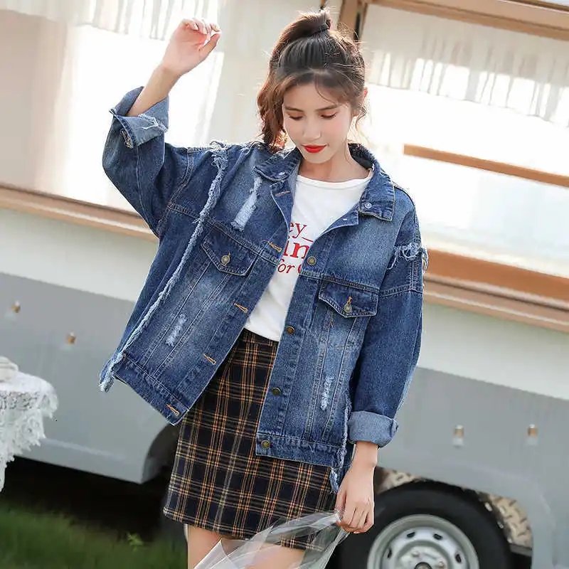 price reduction  Fashion Frayed Hole Cowboy Denim Jeans Jacket Embroidery Women Loose Coat Female Autumn Chaqueta Mu