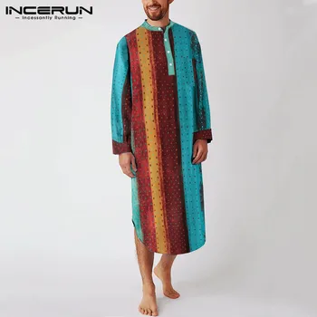 

Men Long Sleeve Stand Collar Sleep Robes INCERUN Autumn Colorful Print Nightgown Loose Striped Homewear Men Cotton Sleepwear 5XL