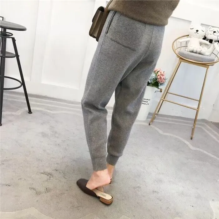 Pantalon Mujer Pants Women New Arrival Drawstring Flat High Solid Worsted None Thick Knit Feet Women's Warm Wool Casual - Цвет: Серый
